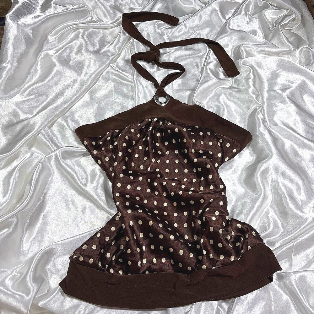 y2k Halter Top Brown Excellent Polka Dot Satin Ring Detail Eyelash L